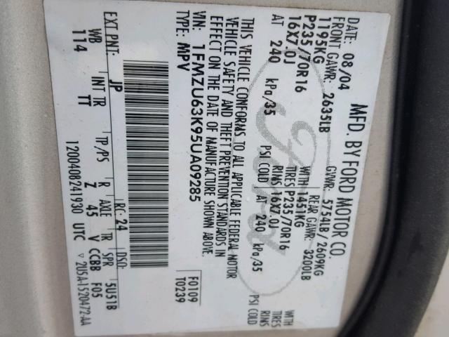 1FMZU63K95UA09285 - 2005 FORD EXPLORER X 银色 照片 10