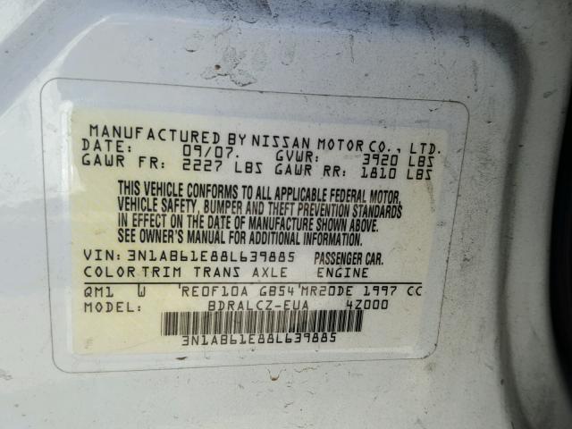 3N1AB61E88L639885 - 2008 NISSAN SENTRA 2.0 WHITE photo 10