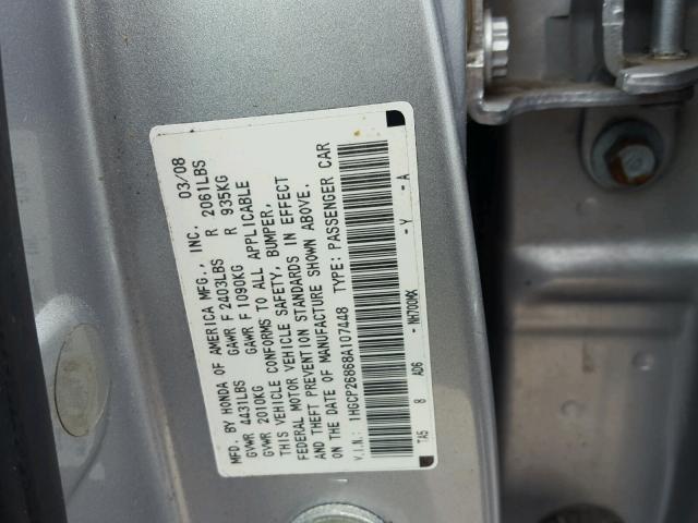 1HGCP26868A107448 - 2008 HONDA ACCORD EXL SILVER photo 10