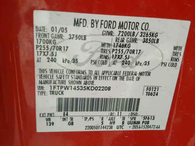 1FTPW14535KD02208 - 2005 FORD F150 SUPER RED photo 10