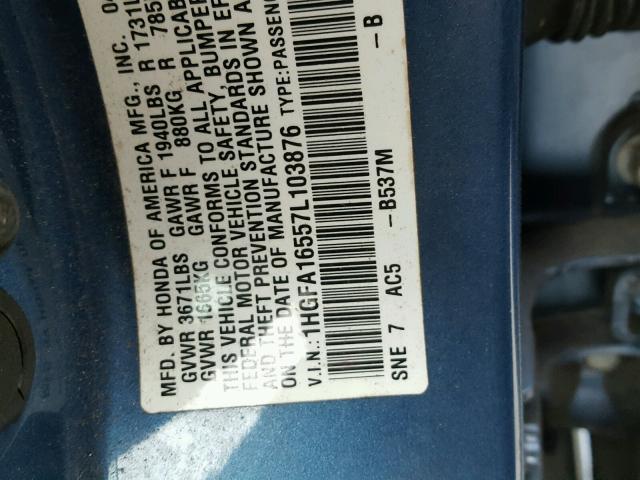 1HGFA16557L103876 - 2007 HONDA CIVIC LX BLUE photo 10