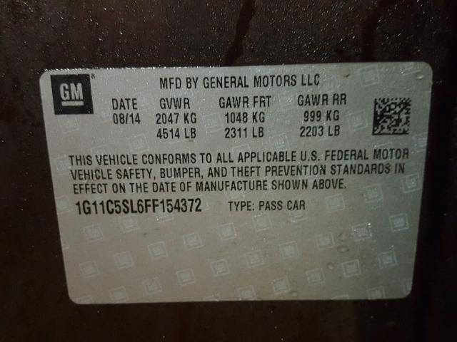 1G11C5SL6FF154372 - 2015 CHEVROLET MALIBU 1LT BROWN photo 10