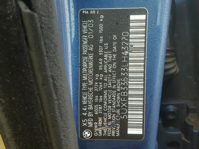 5UXFB33533LH43270 - 2003 BMW X5 4.4I BLUE photo 10