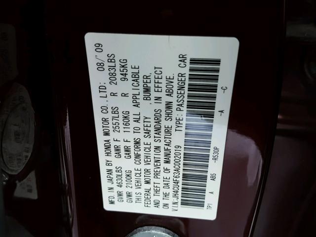 JH4CU4F63AC002019 - 2010 ACURA TSX MAROON photo 10