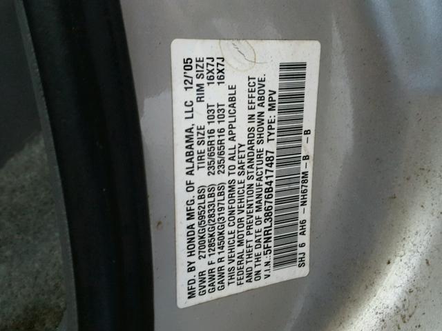 5FNRL38676B417487 - 2006 HONDA ODYSSEY EX SILVER photo 10