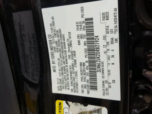 3LN6L2JK2DR821924 - 2013 LINCOLN MKZ BLACK photo 10