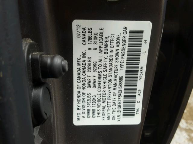 2HGFB2F84CH586586 - 2012 HONDA CIVIC EX GRAY photo 10