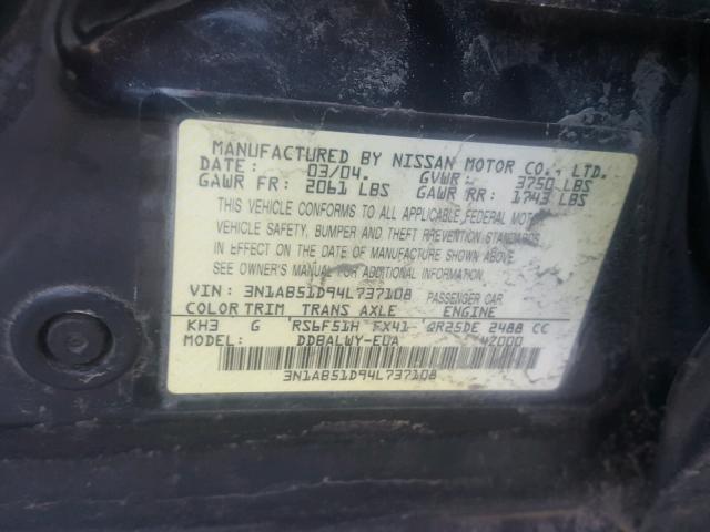 3N1AB51D94L737108 - 2004 NISSAN SENTRA SE- BLACK photo 10