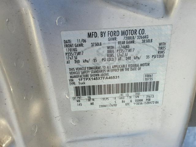 1FTPX145X7FA46531 - 2007 FORD F150 SILVER photo 10