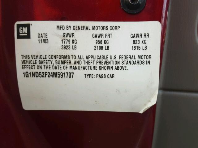 1G1ND52F24M591707 - 2004 CHEVROLET CLASSIC RED photo 10