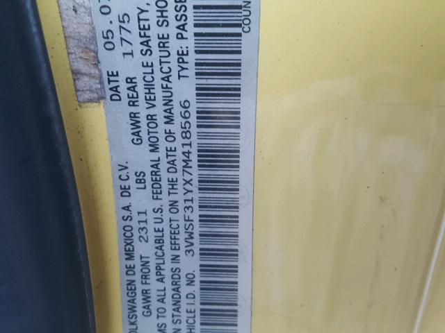 3VWSF31YX7M418566 - 2007 VOLKSWAGEN NEW BEETLE 黄色 照片 10