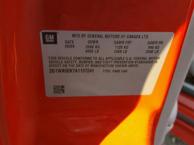 2G1WA5EK7A1137241 - 2010 CHEVROLET IMPALA LS RED photo 10