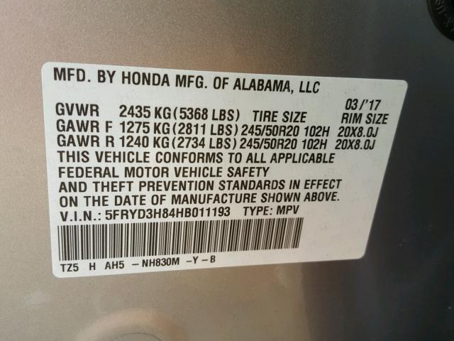 5FRYD3H84HB011193 - 2017 ACURA MDX ADVANC SILVER photo 10