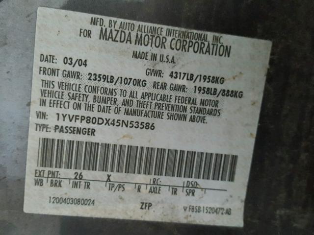 1YVFP80DX45N53586 - 2004 MAZDA 6 S GRAY photo 10