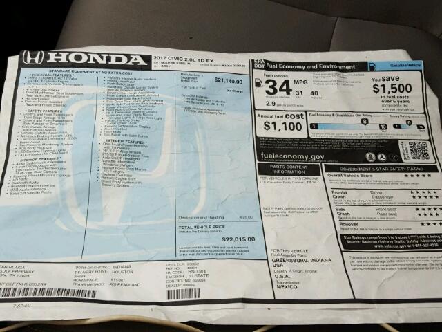 19XFC2F7XHE063269 - 2017 HONDA CIVIC EX 灰色 照片 9