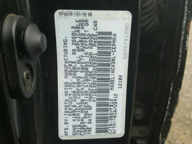 4T1BE30K93U259351 - 2003 TOYOTA CAMRY LE BLACK photo 10