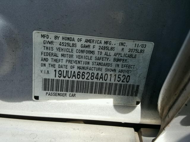 19UUA66284A011520 - 2004 ACURA TL SILVER photo 10