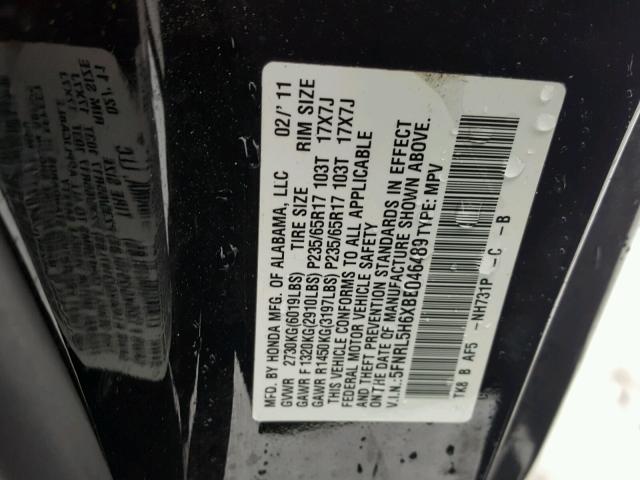 5FNRL5H6XBB046489 - 2011 HONDA ODYSSEY EX BLACK photo 10