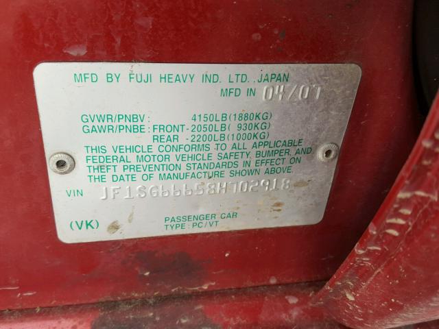 JF1SG66658H702918 - 2008 SUBARU FORESTER S 红色 照片 10