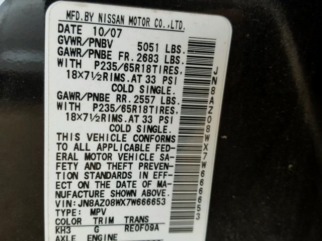 JN8AZ08WX7W666653 - 2007 NISSAN MURANO SL BLACK photo 10