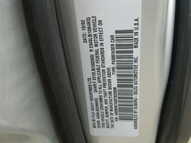 4S3BH675337622836 - 2003 SUBARU LEGACY OUT GRAY photo 10