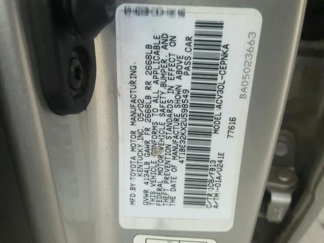 4T1BE32KX2U598549 - 2002 TOYOTA CAMRY LE SILVER photo 10