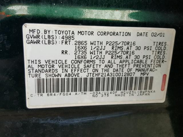 JTEHF21A310012807 - 2001 TOYOTA HIGHLANDER GREEN photo 10