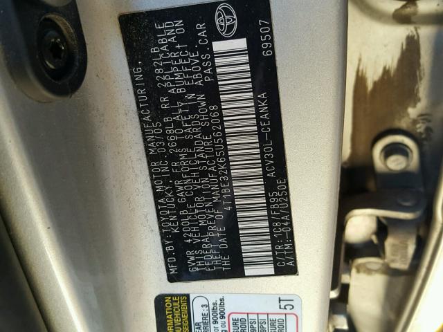 4T1BE32K65U562068 - 2005 TOYOTA CAMRY LE SILVER photo 10
