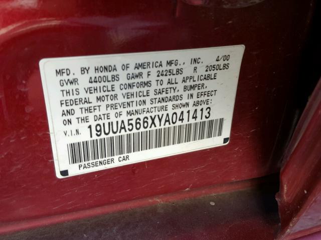 19UUA566XYA041413 - 2000 ACURA 3.2TL RED photo 10