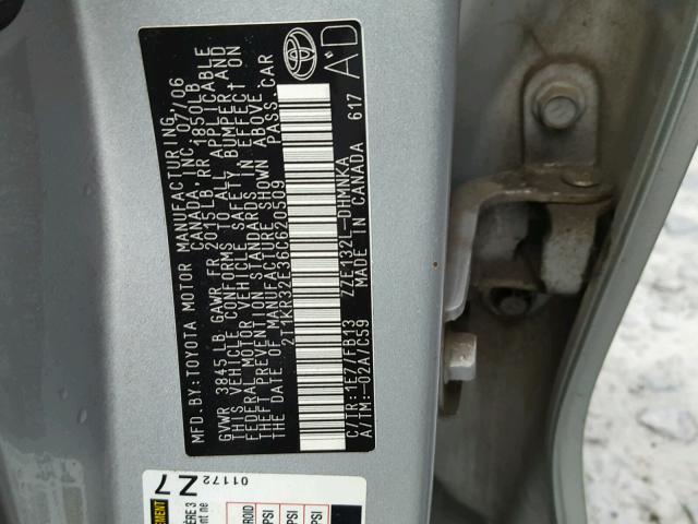 2T1KR32E36C620509 - 2006 TOYOTA COROLLA MA SILVER photo 10