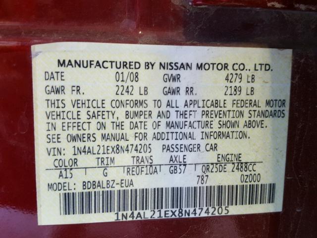 1N4AL21EX8N474205 - 2008 NISSAN ALTIMA 2.5 MAROON photo 10