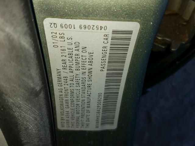 WVWRH63B42P306290 - 2002 VOLKSWAGEN PASSAT GLX GREEN photo 10