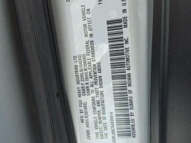 4S3BL686754209814 - 2005 SUBARU LEGACY GT SILVER photo 10