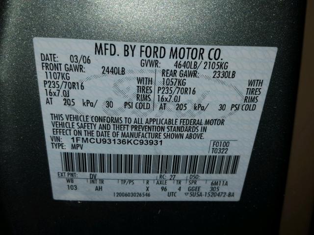 1FMCU93136KC93931 - 2006 FORD ESCAPE XLT GREEN photo 10