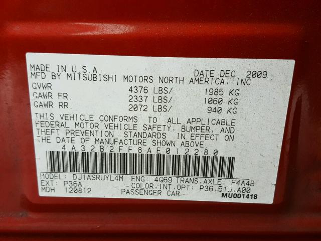 4A32B2FF8AE012280 - 2010 MITSUBISHI GALANT FE RED photo 10