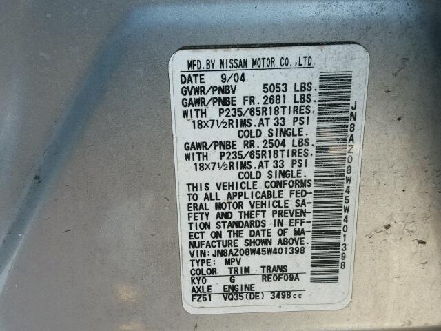 JN8AZ08W45W401398 - 2005 NISSAN MURANO SL SILVER photo 10