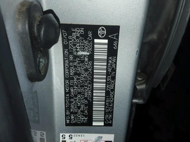 JTDBR32E770124396 - 2007 TOYOTA COROLLA CE SILVER photo 10