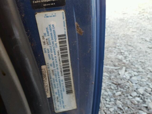 3VWBS21C31M417941 - 2001 VOLKSWAGEN NEW BEETLE 蓝色 照片 10