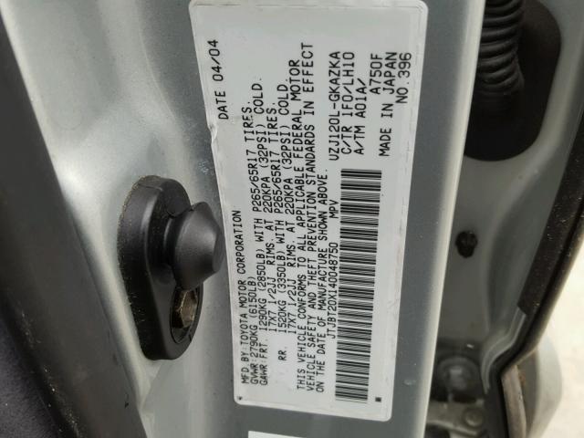 JTJBT20X140048750 - 2004 LEXUS GX 470 GRAY photo 10