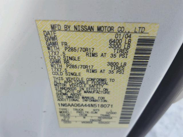 1N6AA06A44N518071 - 2004 NISSAN TITAN XE WHITE photo 10