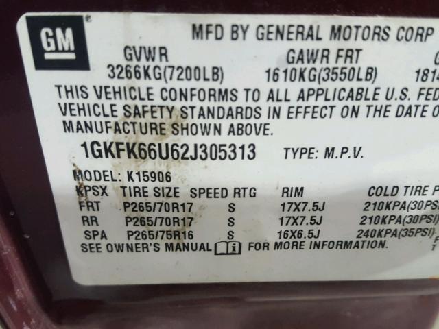 1GKFK66U62J305313 - 2002 GMC DENALI XL MAROON photo 10