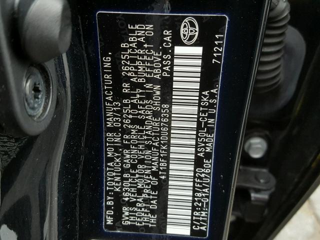 4T1BF1FK1DU676358 - 2013 TOYOTA CAMRY L BLACK photo 10