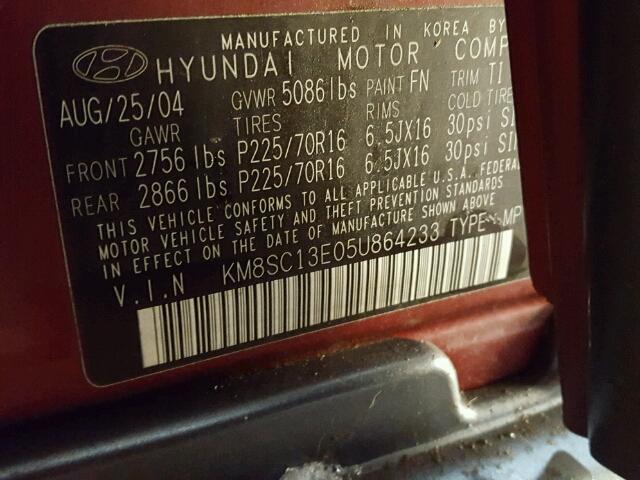 KM8SC13E05U864233 - 2005 HYUNDAI SANTA FE G BURGUNDY photo 10