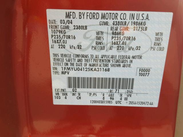 1FMYU04125KA31168 - 2005 FORD ESCAPE LIM RED photo 10