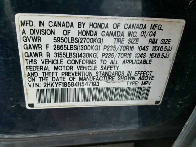 2HKYF18584H547193 - 2004 HONDA PILOT EXL BLUE photo 10