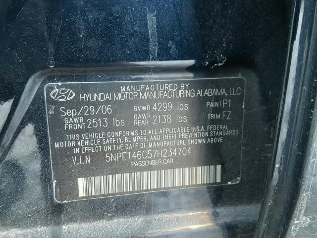 5NPET46C57H234704 - 2007 HYUNDAI SONATA GLS BLUE photo 10