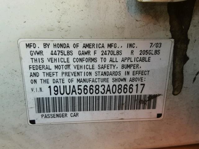 19UUA56683A086617 - 2003 ACURA 3.2TL WHITE photo 10