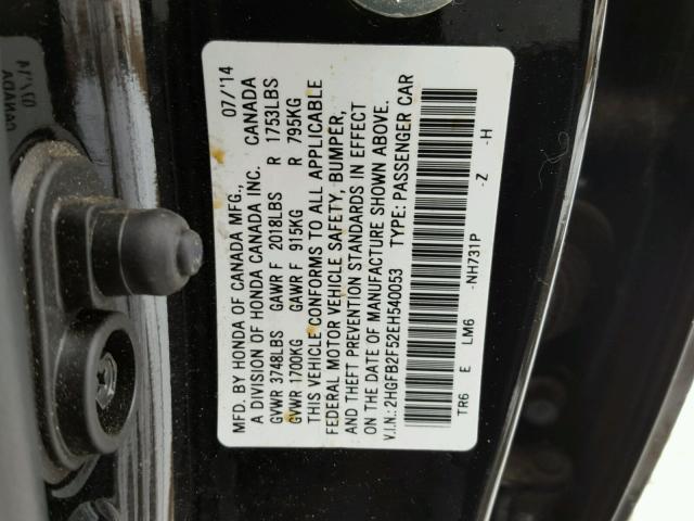 2HGFB2F52EH540053 - 2014 HONDA CIVIC LX BLACK photo 10