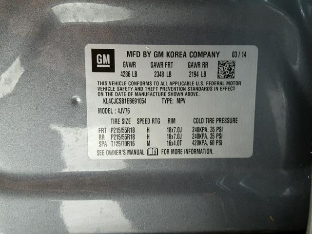 KL4CJCSB1EB691054 - 2014 BUICK ENCORE GRAY photo 10