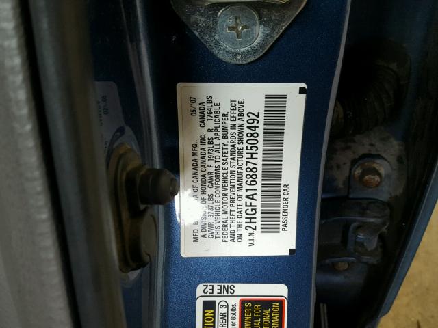 2HGFA16887H508492 - 2007 HONDA CIVIC EX BLUE photo 10